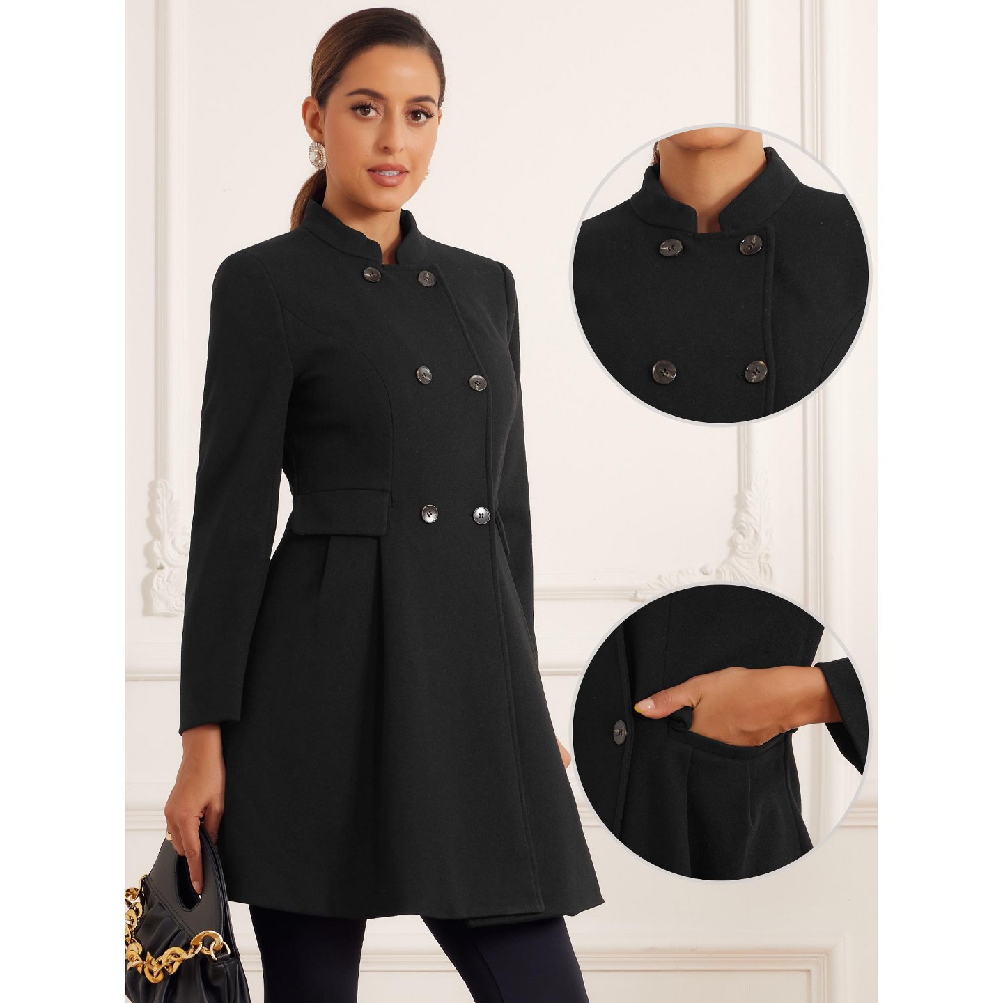 Женские куртки Allegra K Stand Collar Double Breasted Pocket Long Sleeve Winter Coats Large Black, цвет: Чёрный — фото 2