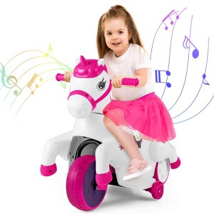 Costway 12V Kids Ride on Unicorn Toy w/ Training Wheels Music One-button Start Horse Toy - 1 of 4