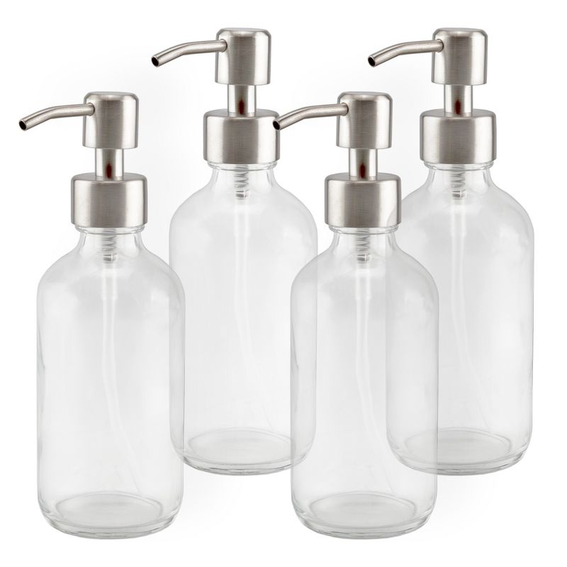 Cornucopia Brands 8oz Clear Glass Bottles w/ Stainless Steel Lotion Pumps 4pk; Empty Refillable Liquid Soap & Lotion Bottles, 1 of 9