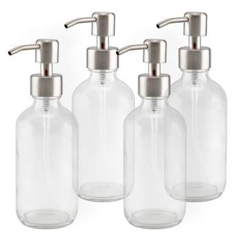 Cornucopia Brands 8oz Clear Glass Bottles w/ Stainless Steel Lotion Pumps 4pk; Empty Refillable Liquid Soap & Lotion Bottles