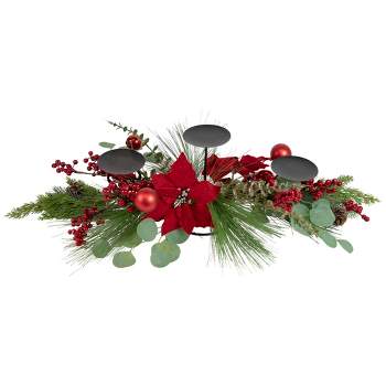 Northlight 32" Triple Candle Holder with Red Berry and Poinsettia Christmas Decor