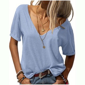 Imily Bela Womens T Shirt Deep V Neck Short Sleeve Casual Fit Basic Fashion Top - 1 of 4