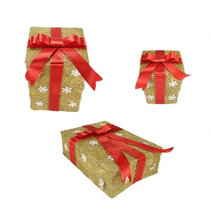 Northlight Lighted Snowflake Gift Box Outdoor Christmas Decoration - 13" - Gold - Set of 3 - 1 of 3