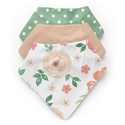 Image of Sweet Jojo Designs Girl Fabric Baby Bibs Watercolor Floral Peach and Green 3pc