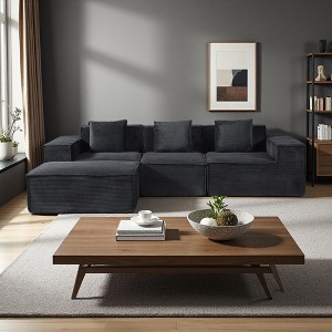 112" Corduroy Convertible L-Shaped Sectional Sofa with Ottoman - 1 of 4