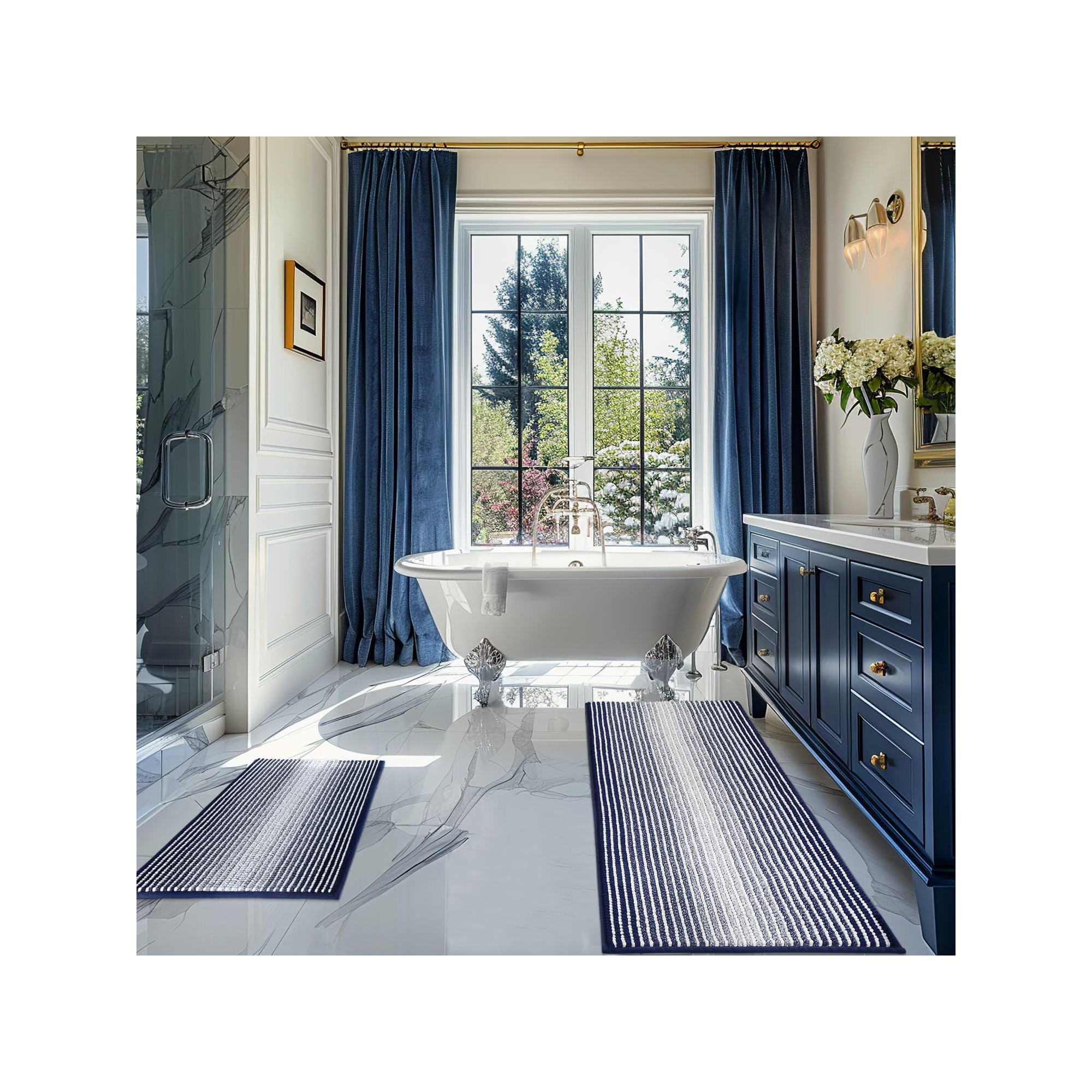 Thick Chenille Bathroom Rugs Sets 2 Piece, 20" x 47" and 16" x 24" Absorbent & Non-Skid Bathroom Rug Set - Navy Blue