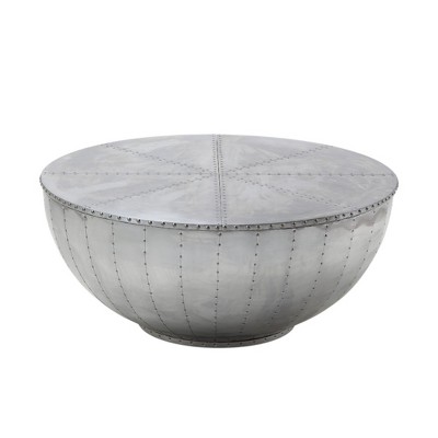 HomeRoots 39" Silver Aluminum Aviator Round Drum Coffee Table