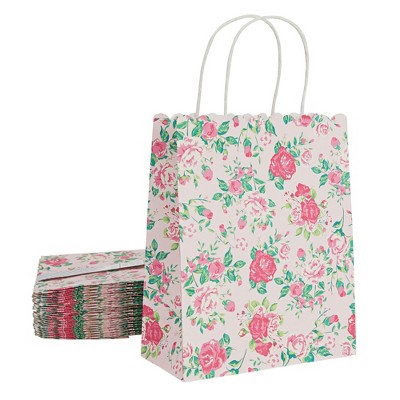 Sparkle and Bash 24 Pack Medium Floral Paper Gift Bags with Handles for Birthday Party Favors, Pink 10 x 8 x 4 In