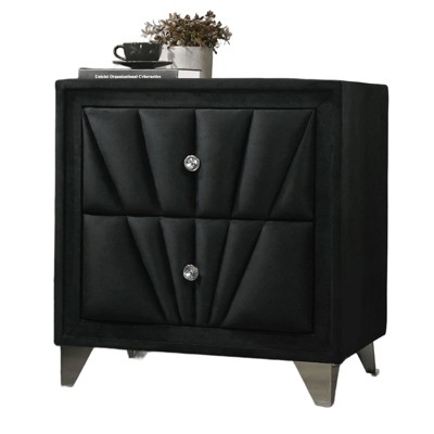 Vynxaria Fully Upholstered 2-Drawer Nightstand - Art Deco Design, Crystal-Like Knobs, Glass Top, Chrome Legs