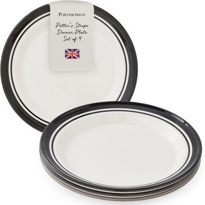 Portmeirion Potter's Stripe Dinner Plate, Set of 4, 10.5" Earthenware Stackable Plates with Striped Rim, Ideal Modern Dinnerware - Black