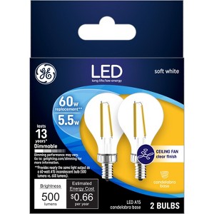 GE 2pk 60W A15 LED Ceiling Fan Light Bulbs Clear: E12 Candelabra Base, Dimmable, 500 Lumens, 2700K, 5.5W, 13.7-Year Life - 1 of 3