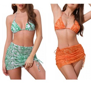 INSPIRE CHIC Women's Water Ripples Colorblock Halter Tie Back Top Triangle Bottom Mesh Cover Up Swimwear Bikini 2 Sets - 1 of 4