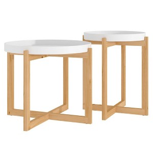 vidaXL Coffee Table 2 pcs Round End Table Accent Sofa Table Solid Wood Pine - White - 1 of 4