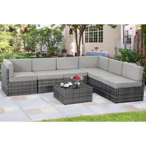 Cesicia 7-Piece Blue Sofa Set With Black PE Rattan Frame, Garden Patio Wicker Sectional Sofa Set with Coffee Table for Backyard, Porch, Balcony - 1 of 4