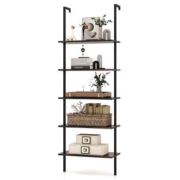 Costway 5 Tier Ladder Shelf 71'' Height Wall-Mounted Bookshelf Display Storage Organizer Brown/Natural/White