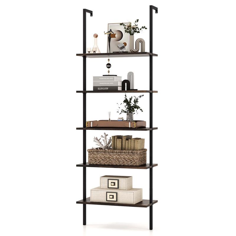 Costway 5 Tier Ladder Shelf 71'' Height Wall-Mounted Bookshelf Display Storage Organizer Brown/Natural/White, 1 of 10