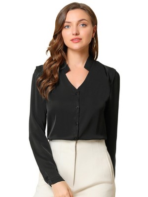 Allegra K Women's Elegant V Neck Work Office Button Up Shirt