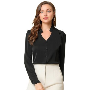 Allegra K Women's Elegant V Neck Work Office Button Up Shirt - 1 of 4