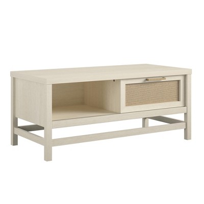 Boho-Chic Ivory Oak Rectangular Coffee Table with Faux Rattan Storage