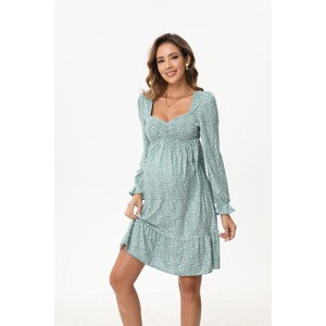 A heart-shaped collar long sleeved printed short maternity dress with leopard green print (print) Leopard green print_S - 1 of 4
