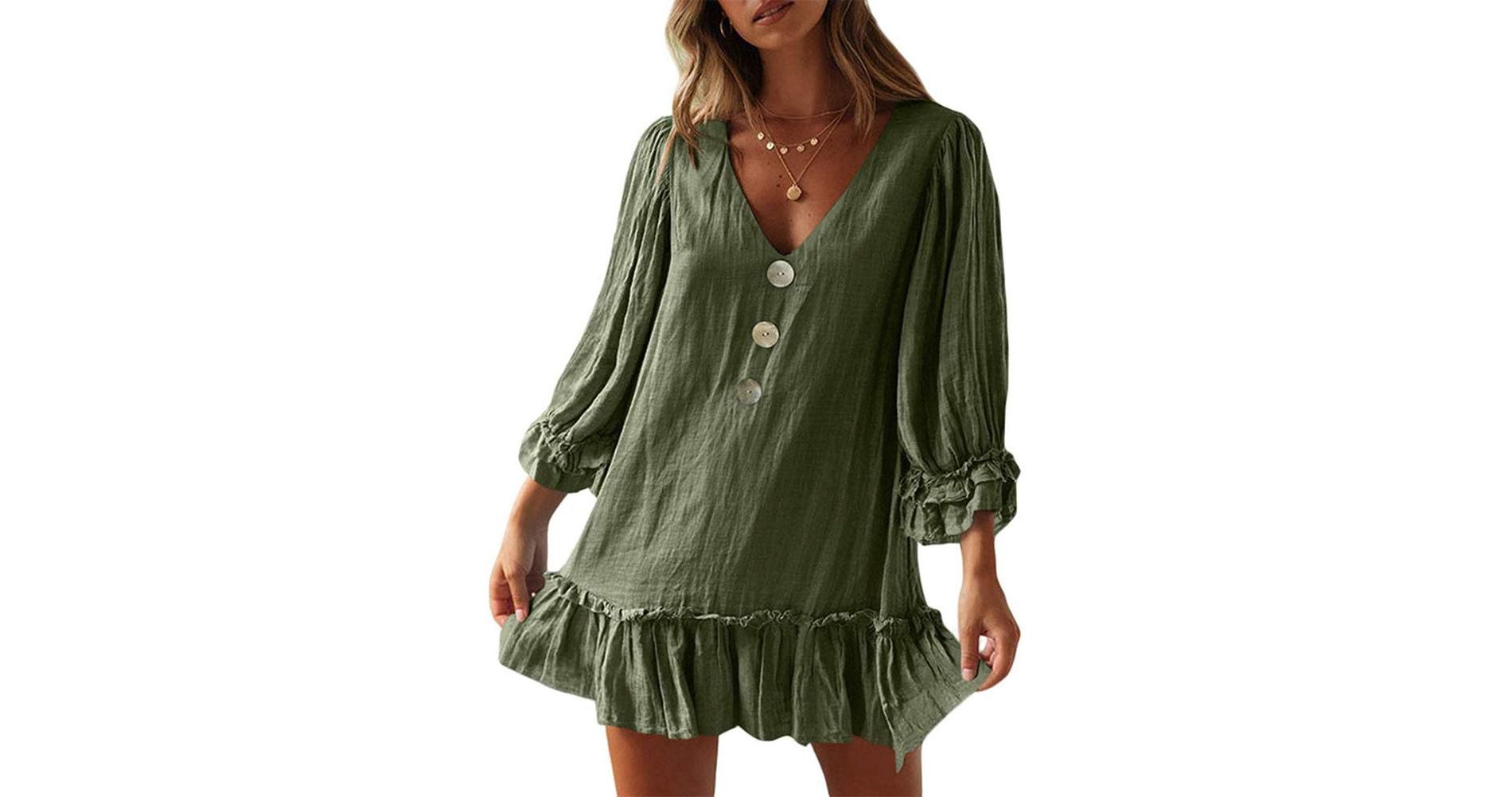 Women's Ruffle Mini Dress V Neck Smocked Flowy Sundress Loose Linen Cuffed 3/4 Sleeve Dresses