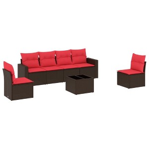 vidaXL 7 Piece Patio Sofa Set with Cushions Brown and Red Poly Rattan - With Table - 1 of 4