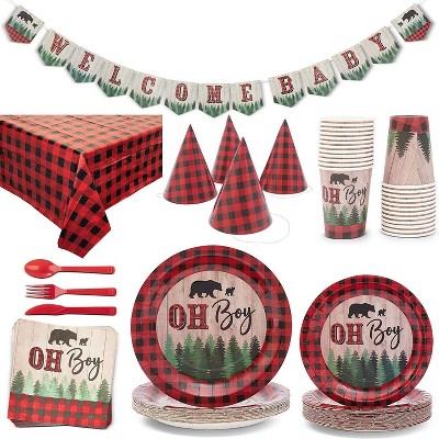 Sparkle and Bash 194 Piece Serve 24 Lumberjack Red Buffalo Plaid Oh Boy Baby Shower Party Supplies Decorations - Dinnerware, Banner, Tablecloth