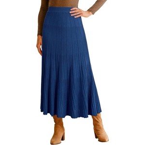 Women's Wool Blend A-Line Long Skirt with Wide Elastic Waistband & Flow Pleats Navy Blue - 1 of 4
