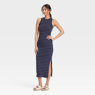 Women's Rib-Knit Maxi Bodycon Dress - Universal Thread™ Navy Blue Striped M