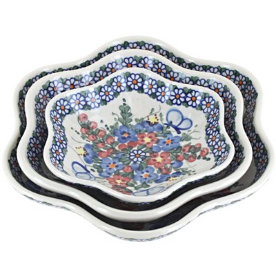 Blue Rose Polish Pottery Garden Butterfly 3 PC Daisy Serving Bowl Set