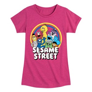Girls' - Sesame Street - Group Rainbow Fitted Short Sleeve Graphic T-Shirt - 1 of 4