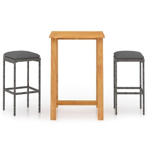 vidaXL Patio Bar Set 3 Piece, Outdoor Bar Table and Stools with Wood Tabletop, Patio Furniture Set with Cushions, Dining Set for Garden - 1 of 4