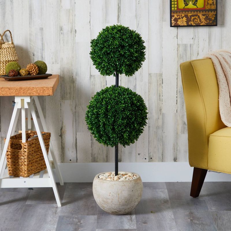 45&#34; Indoor/Outdoor Boxwood Double Ball Artificial Topiary Tree in Planter Sand - Nearly Natural, 3 of 5