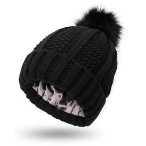 Anna-Kaci Women's Soft Knit Winter Beanie Hat with Satin-Lined Interior Ribbed Texture and Fluffy Pom Detail - 1 of 4