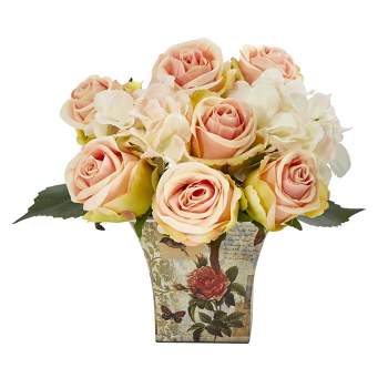 Nearly Natural 8-in Rose and Hydrangea Bouquet Artificial Arrangement in Floral Vase