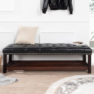 TUYOHW 60" Upholstered Bench with Shelf,PU Leather End of Bed Bench with Nailhead Trim,Tufted Storage Bench for Bedroom Entryway - 1 of 4