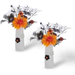 Black and Orange Halloween Flower Arrangement (2 PCS) with Vase - Artificial Dahlia, Eyeball Flower, and Pumpkin Bouquet for Table Decor - 1 of 4