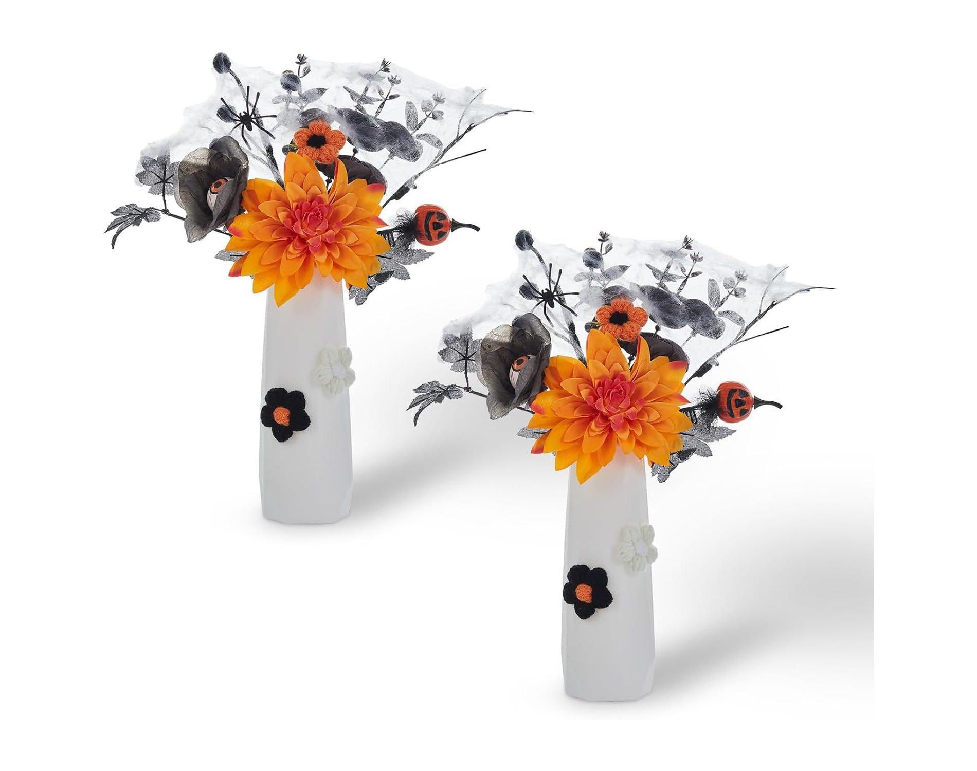 Black and Orange Halloween Flower Arrangement (2 PCS) with Vase - Artificial Dahlia, Eyeball Flower, and Pumpkin Bouquet for Table Decor