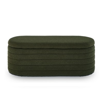 Vynxaria Oval Storage Ottoman Bench, Upholstered Boucle Teddy Fabric End of Bed Bench, End of Bed Stool  for Bedroom, Dark Green
