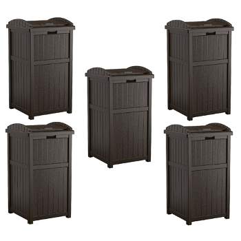 Suncast Hideaway Outdoor Patio 33 Gallon Capacity Garbage Waste or Recycling Trashcan Bin with Secure Latching Lid, Java (5 Pack)