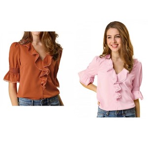 Allegra K Women's Ruffle V Neck Puff Sleeve Summer Casual Chiffon Peasant Top 2 Packs - 1 of 4