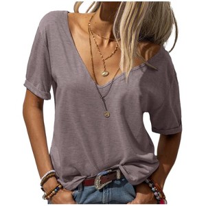 Imily Bela Womens T Shirt Deep V Neck Short Sleeve Casual Fit Basic Fashion Top - 1 of 3