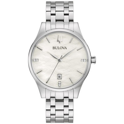Bulova Ladies' Classic Diamond Dial Stainless Steel 3-Hand Calendar Date Quartz Watch, White Mother-of-Pearl