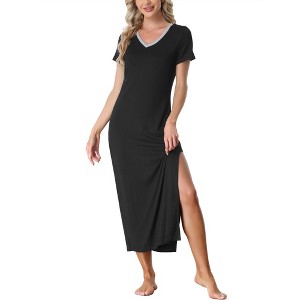 cheibear Women's Solid V-Neck Short Sleeves Long Pajama Dress with Side Slit - 1 of 4
