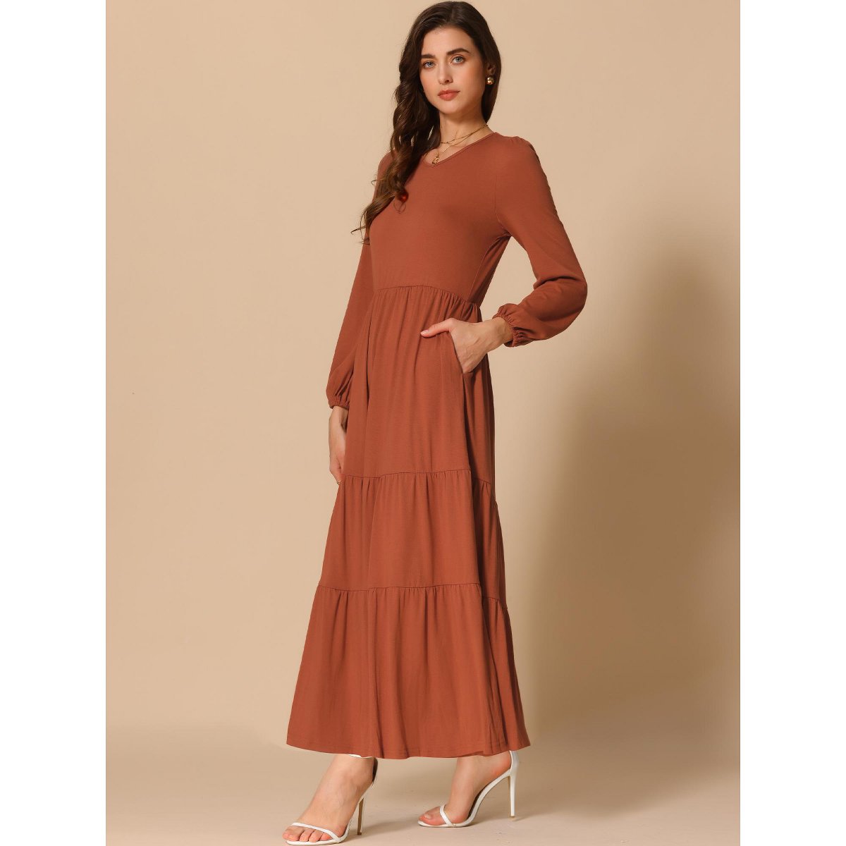 Женские платья INSPIRE CHIC Women's Tiered Crewneck Long Sleeve Maxi Casual A-Line Dress with Pockets Orange Medium — фото 4