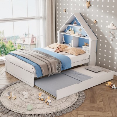 KTMBDW Full Size House Bed with Trundle for Kids,Full Kids Bed Frame with Storage Shelves,Wood House Bed Frame for Girls,Boys,White & Blue