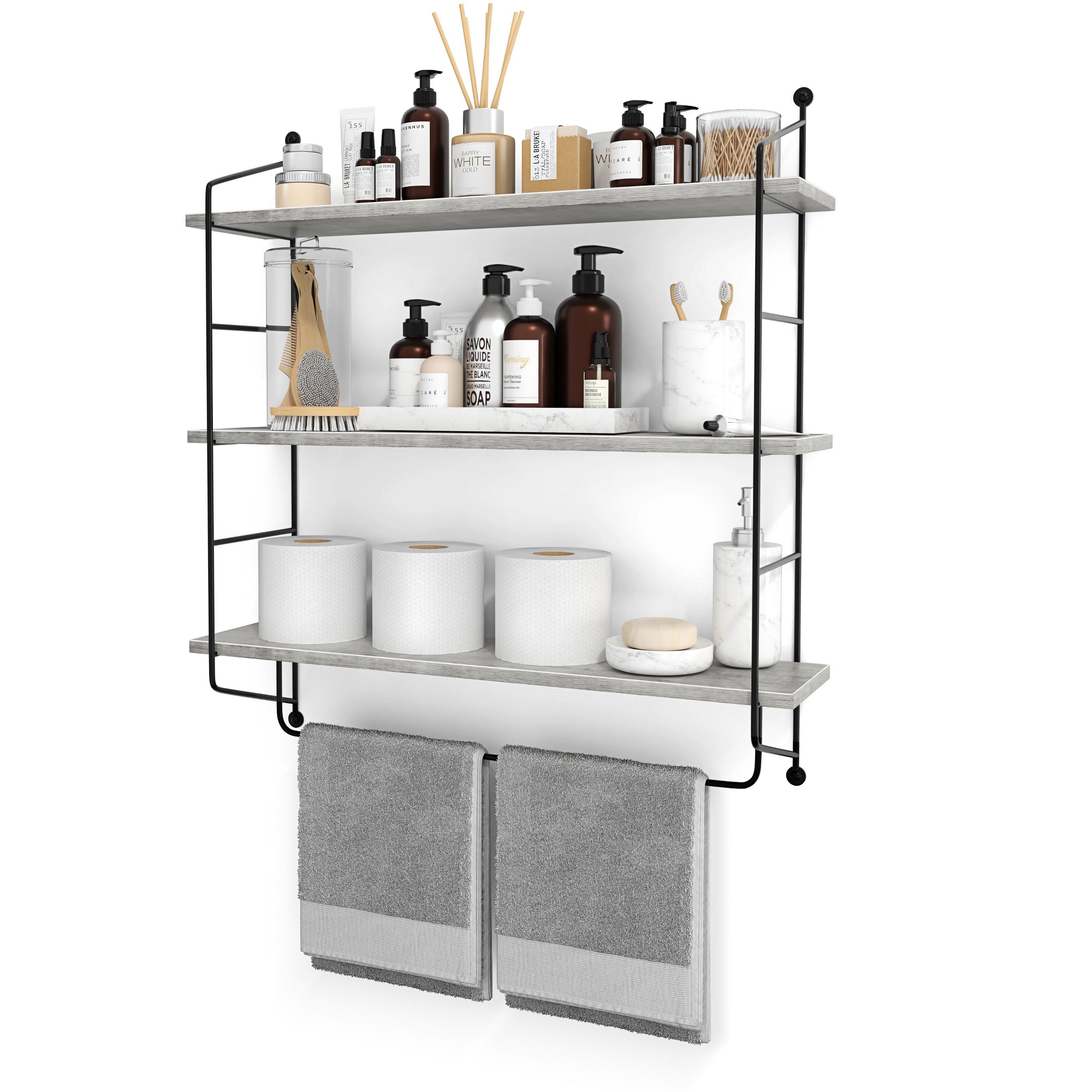 Sorbus 3-Tier Wooden Floating Shelves with Metal Brackets - Storage for Towels, Over the Toilet, Bathroom Accessories & More
