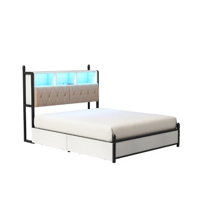 AMERLIFE Bed Frame with Bookcase Headboard, 4 Drawers, Charging Station, No Box Spring
