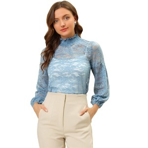 INSPIRE CHIC Women's See Through Mock Neck Long Sleeve Floral Lace Blouse - 1 of 4