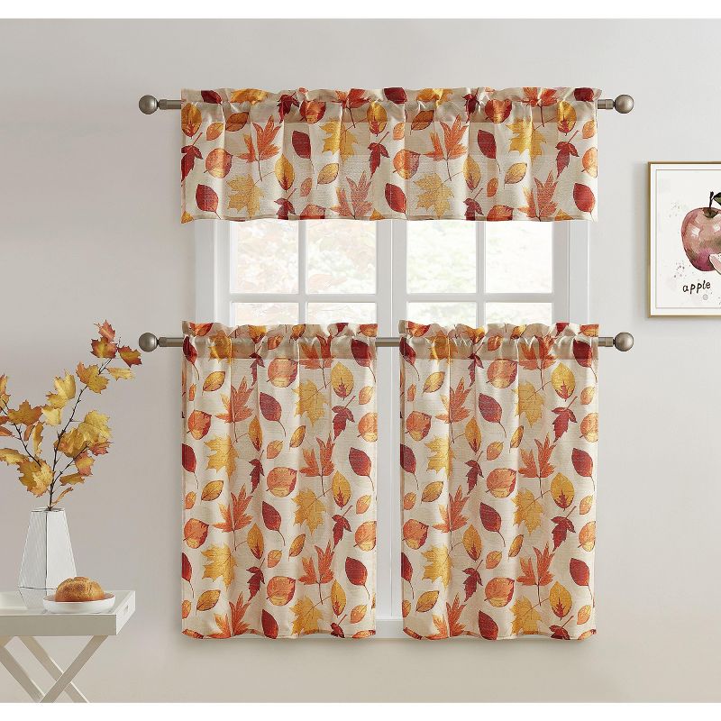 Kate Aurora Autumn Fall Harvest Scattered Leaves 3 Piece Rod Pocket Cafe Kitchen Curtain Tier & Valance Set, 1 of 2